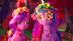 Size: 1920x1080 | Tagged: safe, screencap, izzy moonbow, pipp petals, pegasus, pony, unicorn, bridlewoodstock (make your mark), g5, my little pony: make your mark, my little pony: make your mark chapter 4, spoiler:my little pony: make your mark chapter 4, spoiler:mymc04e01, adorapipp, bracelet, bridlewood, bridlewoodstock, cute, duo, eyeshadow, female, floral head wreath, flower, glasses, jewelry, makeup, mare, multicolored mane, tiara