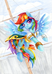 Size: 842x1200 | Tagged: safe, artist:maytee, rainbow dash, pegasus, pony, g4, clothes, colored pencil drawing, female, flying, mare, marker drawing, mast, mixed media, pirate, pirate rainbow dash, rainbow dash always dresses in style, ship, solo, spread wings, traditional art, wings