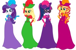 Size: 2266x1488 | Tagged: safe, artist:artsymlp12, applejack, rarity, sci-twi, sunset shimmer, twilight sparkle, human, equestria girls, g4, clothes, dress, female, gown, group, long dress, long skirt, simple background, skirt, white background