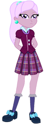 Size: 448x1258 | Tagged: safe, artist:rainbowstarcolour262, oc, oc only, oc:zina pearl, human, equestria girls, g4, angry, arm behind back, clothes, crystal prep academy uniform, ear piercing, earring, female, frown, jewelry, necklace, pearl earrings, pearl necklace, piercing, plaid skirt, pleated skirt, ponytail, pouting, school uniform, scrunchie, shirt, shoes, simple background, skirt, socks, solo, standing, transparent background, tsundere