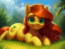 Size: 2048x1536 | Tagged: safe, ai assisted, ai content, artist:darbarri, derpibooru exclusive, oc, oc only, oc:anna pine, earth pony, pony, cute, female, grass, lying down, mare, pineapple, smiling, solo