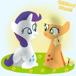Size: 1400x1400 | Tagged: safe, artist:mlplary6, applejack, rarity, earth pony, pony, unicorn, g4, childhood friends, cute, duo, female, filly, filly applejack, filly rarity, foal, friends, jackabetes, looking at each other, looking at someone, raribetes, sitting, smiling, smiling at each other, text, younger