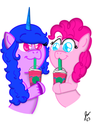 Size: 1620x2160 | Tagged: safe, artist:jesslmc16, izzy moonbow, pinkie pie, earth pony, pony, unicorn, g4, g5, :3, colored, colored pupils, cute, digital art, drink, drinking, duo, female, holding, izzy and her heroine, izzybetes, mare, owo, procreate app, shading, simple background, starbucks, unicorn frappuccino, white background