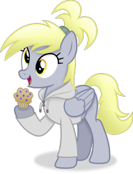 Size: 3191x4184 | Tagged: safe, artist:anime-equestria, derpy hooves, pegasus, pony, g4, alternate hairstyle, clothes, female, food, happy, hoodie, mare, muffin, ponytail, simple background, solo, that pony sure does love muffins, transparent background, vector, wings