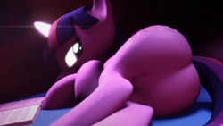 Size: 1280x720 | Tagged: safe, artist:extrachunkthis, twilight sparkle, pony, unicorn, g4, 3d, bed, book, butt, comfy, featureless crotch, glowing, glowing eyes, glowing horn, horn, lying, lying down, lying on bed, on bed, plot, solo, source filmmaker, twibutt, unicorn twilight