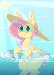 Size: 1000x1385 | Tagged: safe, artist:pagophasia, derpibooru exclusive, fluttershy, pegasus, pony, g4, alternate hairstyle, blushing, bubble, clothes, cloud, colored hooves, crepuscular rays, cute, cutie mark eyes, day, eye reflection, female, hair bun, happy, hat, impossibly long eyelashes, inner tube, looking at you, mare, one-piece swimsuit, partially submerged, pool toy, reflection, shyabetes, smiling, smiling at you, solo, straw hat, summer, sun, sun hat, swimming, swimsuit, underwater, unshorn fetlocks, water, wet, wingding eyes, wings