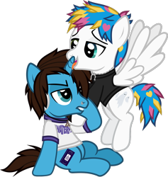 Size: 1331x1406 | Tagged: safe, artist:lightningbolt, derpibooru exclusive, pegasus, pony, unicorn, g4, .svg available, annoyed, awsten knight, clothes, drool, duo, duo male, dyed mane, dyed tail, flying, geoff wigington, grabbing, heterochromia, holding hooves, horn, horn licking, hornjob, horseshoes, jewelry, licking, lidded eyes, lip bite, male, necklace, nose piercing, open mouth, piercing, ponified, shirt, show accurate, simple background, sitting, spread wings, stallion, svg, t-shirt, tail, tongue out, transparent background, vector, waterparks, wings