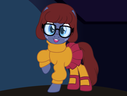 Size: 1925x1444 | Tagged: safe, artist:badumsquish, derpibooru exclusive, star tracker, earth pony, pony, g4, :d, adorkable, alternate hair color, alternate hairstyle, alternate tailstyle, clothes, cosplay, costume, crossdressing, crossplay, cute, dork, freckles, glasses, looking at you, male, open mouth, open smile, raised hoof, sandals, scooby-doo!, show accurate, skirt, smiling, socks, solo, stallion, starcrossed, sweater, tail, trackerbetes, turtleneck, velma dinkley