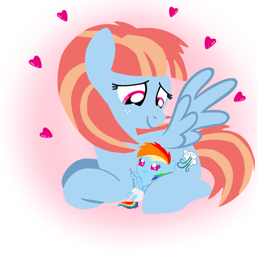 [baby,baby pony,female,filly,foal,heart,mare,mother and daughter,pegasus,pony,rainbow dash,safe,younger,looking at each other,lying down,baby dash,filly rainbow dash,smiling,mother and child,windy whistles,looking at someone,artist:mlplary6,smiling at each other]