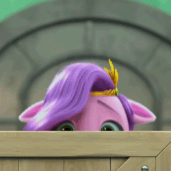 Size: 512x512 | Tagged: safe, screencap, pipp petals, pegasus, pony, g5, my little pony: make your mark, my little pony: make your mark chapter 4, top remodel, spoiler:my little pony: make your mark chapter 4, spoiler:mymc04e02, adorapipp, animated, cropped, cute, female, floppy ears, gif, hiding, i watch it for the ears, mare, peeking, scared, solo