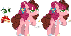 Size: 4760x2423 | Tagged: safe, artist:nathy2001, oc, oc only, oc:strawberry cheesecake, earth pony, pony, apron, base used, clothes, coat markings, facial markings, female, high res, hooves, mare, multicolored hooves, offspring, pale belly, parent:cheese sandwich, parent:pinkie pie, parents:cheesepie, simple background, snip (coat marking), solo, transparent background