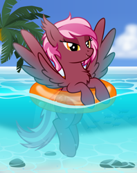 Size: 3990x5045 | Tagged: safe, artist:bnau, oc, oc only, oc:zeny, pegasus, pony, beach, bedroom eyes, bikini, bikini bottom, chest fluff, clothes, cute, ear fluff, fangs, female, floating, inner tube, looking at you, mare, ocean, palm tree, panties, pool toy, smiling, smiling at you, solo, spread wings, summer, swimming, swimsuit, tree, underwear, water, wings