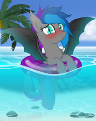 Size: 3990x5045 | Tagged: safe, artist:bnau, oc, oc only, oc:lyssa, bat pony, pony, beach, bedroom eyes, bikini, bikini bottom, chest fluff, clothes, cute, ear fluff, fangs, female, floating, inner tube, looking at you, mare, ocean, palm tree, panties, pool toy, smiling, smiling at you, solo, spread wings, summer, swimming, swimsuit, tree, underwear, water, wings