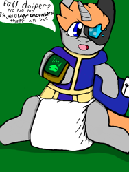 Size: 512x680 | Tagged: safe, artist:cavewolfphil, oc, pony, unicorn, diaper, diaper fetish, diaper full of stuff, fallout, fetish, green background, helmet, male, non-baby in diaper, over encumbered, package, pitboy, poofy diaper, simple background, speech bubble, stallion