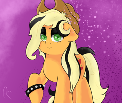 Size: 1280x1080 | Tagged: safe, artist:reinbou, applejack, earth pony, pony, g4, alternate hairstyle, emo, eyeshadow, goth, hoofband, looking at you, makeup, purple background, simple background, smiling, smiling at you, solo, sparkly eyes, spiked wristband, wingding eyes, wristband