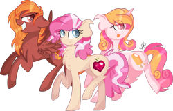 Size: 2646x1705 | Tagged: safe, artist:gallantserver, oc, oc only, oc:magdalena, oc:orange crush, oc:torch, earth pony, pegasus, pony, unicorn, concave belly, female, magical lesbian spawn, mare, offspring, parent:apple bloom, parent:diamond tiara, parent:scootaloo, parent:sweetie belle, parents:diamondbloom, parents:scootabelle, side view, simple background, transparent background