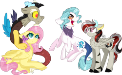 Size: 3069x1896 | Tagged: safe, artist:gallantserver, discord, fluttershy, oc, oc:moon shy, oc:red raven, hybrid, pegasus, pony, g4, eye clipping through hair, fangs, female, group, high res, interspecies offspring, male, mismatched wings, offspring, open mouth, open smile, parent:discord, parent:fluttershy, parents:discoshy, pegasus oc, quartet, ship:discoshy, shipping, simple background, smiling, spread wings, straight, transparent background, wings
