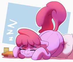 Size: 1782x1508 | Tagged: safe, artist:pabbley, berry punch, berryshine, earth pony, pony, g4, bottle, cute, eyebrows, eyebrows visible through hair, eyes closed, female, lying down, mare, onomatopoeia, passepartout, pillow, simple background, smiling, solo, sound effects, white background, zzz