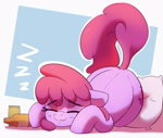 Size: 1782x1508 | Tagged: safe, artist:pabbley, berry punch, berryshine, earth pony, pony, bottle, cute, eyebrows, eyebrows visible through hair, eyes closed, female, lying down, mare, onomatopoeia, passepartout, pillow, simple background, smiling, solo, sound effects, white background, zzz