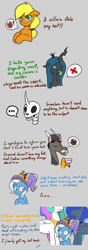 Size: 2480x7016 | Tagged: safe, artist:wild-thunder06, accord, applejack, discord, princess celestia, princess luna, queen chrysalis, trixie, alicorn, changeling, changeling queen, draconequus, earth pony, pony, unicorn, g4, ..., accessory theft, applejack's hat, big crown thingy, blushing, bone, clothes, cowboy hat, cup, dead, element of magic, exclamation point, facial hair, fangs, female, frown, hat, height difference, implied king sombra, jewelry, male, mare, moustache, peytral, regalia, sad, shaking, skeleton, speech bubble, suspiciously specific denial, sweat, sweatdrops, teacup, this will end in a trip to the moon, this will end in pain, this will not end well, tongue out, trembling, trixie's hat, x