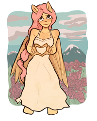 Size: 2000x2500 | Tagged: safe, artist:meliciamelano, fluttershy, anthro, plantigrade anthro, g4, clothes, detailed background, dress, flower, heart, heart hands, high res, looking at you, mountain, smiling, smiling at you, solo, spring, spring dress, summer, summer dress, sundress, white dress