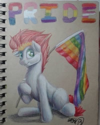 Size: 1080x1350 | Tagged: safe, artist:octaneblaze-blog, oc, oc only, earth pony, pony, flag, male, male oc, pride flag, pride month, signature, sitting, smiling, solo, traditional art