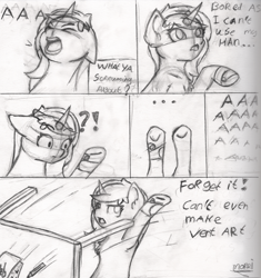 Size: 4764x5070 | Tagged: safe, artist:morrigun, oc, oc only, pony, unicorn, absurd file size, absurd resolution, black and white, comic, description is relevant, eyes closed, eyes open, female, grayscale, horn, looking at someone, mare, monochrome, open mouth, paper, pencil, pencil drawing, sketch, table, text, traditional art, vent art