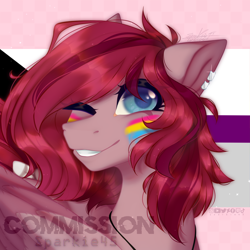 Size: 1000x1000 | Tagged: safe, artist:sparkie45, oc, oc only, pegasus, pony, commission, commission open, demisexual, demisexual pride flag, ear piercing, earring, jewelry, one eye closed, pansexual, pansexual pride flag, piercing, pride, pride flag, shading, solo, wink, ych result