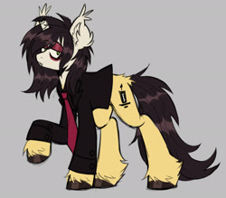 Size: 2341x2050 | Tagged: safe, artist:k0br4, bat pony, bat pony unicorn, hybrid, pony, unicorn, broken horn, clothes, ear fluff, emo, fangs, gerard way, gray background, hair over one eye, high res, hoof polish, horn, looking at you, makeup, male, my chemical romance, ponified, simple background, solo, stallion, suit, three cheers for sweet revenge, unshorn fetlocks