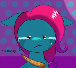 Size: 1700x1536 | Tagged: safe, artist:php176, derpibooru exclusive, jazz hooves, earth pony, pony, g5, crying, description is relevant, dialogue, feather, female, floppy ears, imminent death, implied death, implied rocky riff, lidded eyes, looking at someone, looking at something, looking down, mane melody (location), mare, missing accessory, possible death, raised hoof, sad, solo, story included, text