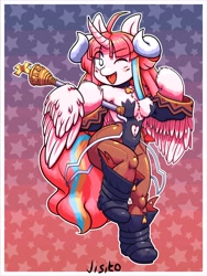 Size: 3072x4096 | Tagged: safe, artist:jisito, oc, oc only, oc:nekonin, alicorn, anthro, arm hooves, boots, breasts, busty boy, chest fluff, clothes, collar, cosplay, costume, demon horns, disgaea, femboy, gradient background, horns, intersex, leotard, male, male oc, pantyhose, priere, scepter, shoes, solo