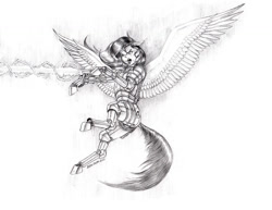 Size: 1018x785 | Tagged: safe, artist:baron engel, oc, oc:tail, pegasus, pony, fanfic:no longer alone, armor, beam, concave belly, cutie mark on armor, ergonomics, firing, flying, grayscale, gun, large wings, monochrome, pencil drawing, simple background, solo, traditional art, weapon, white background, wings