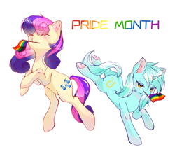 Size: 2570x2362 | Tagged: source needed, safe, artist:蝶琏, bon bon, lyra heartstrings, sweetie drops, earth pony, pony, unicorn, g4, colored underhoof, eyebrows, eyebrows visible through hair, eyes closed, female, high res, lesbian, lesbian pride flag, lgbt, mouth hold, pride, pride flag, pride month, ship:lyrabon, shipping, simple background, underhoof, white background
