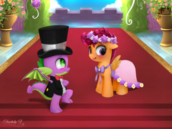 Size: 2400x1800 | Tagged: safe, artist:darksly, scootaloo, spike, dragon, pegasus, pony, a canterlot wedding, g4, bowtie, clothes, commission, dress, duo, duo male and female, female, filly, floral head wreath, flower, flower filly, flower girl, flower girl dress, foal, formal wear, hat, male, ring bearer, ship:scootaspike, shipping, straight, suit, top hat, tuxedo, winged spike, wings