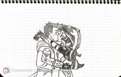 Size: 1119x714 | Tagged: safe, artist:eternalreepr, flash sentry, sunset shimmer, human, equestria girls, g4, female, fimfiction, graph paper, kissing, male, ship:flashimmer, shipping, straight, traditional art