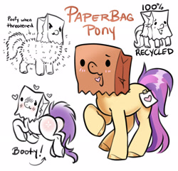 Size: 3127x3017 | Tagged: safe, artist:opalacorn, oc, oc only, oc:paper bag, pegasus, pony, bag, butt, butt blush, female, fluffy, high res, mare, name, paper bag, plot, simple background, solo, text, white background
