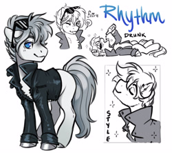 Size: 3693x3279 | Tagged: safe, artist:opalacorn, oc, oc only, oc:rhythm, earth pony, pony, alcohol, bottle, clothes, drink, drinking, drunk, grin, high res, jacket, leather, leather jacket, looking at you, male, male oc, one eye closed, simple background, smiling, smiling at you, solo, sparkles, stallion, sunglasses, sunglasses on head, white background, wink, winking at you