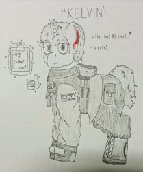 Size: 3268x3900 | Tagged: safe, artist:cap_watching, pony, unicorn, armor, armored pony, clipboard, deaf, high res, kelvin, pencil drawing, son of the forest, traditional art