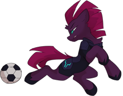 Size: 2071x1618 | Tagged: safe, artist:beardie, derpibooru exclusive, tempest shadow, pony, unicorn, g4, action pose, armor, ball, broken horn, chest fluff, female, football, gritted teeth, horn, looking at something, simple background, solo, sports, teeth, transparent background