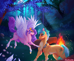 Size: 3058x2538 | Tagged: safe, artist:queendarkselis, hitch trailblazer, pipp petals, earth pony, pegasus, pony, g5, blushing, campfire, duo, duo male and female, female, flying, high res, hoof on chest, looking at each other, looking at someone, male, mare, realistic horse legs, ship:pitch, shipping, signature, spread wings, straight, wings