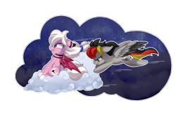 Size: 984x656 | Tagged: safe, artist:loyaldis, oc, oc:anja snow, oc:bipen, bat pony, pegasus, pony, bat pony oc, cloud, flying, night, old art, on a cloud, pegasus oc, pushing, simple background, sitting, sitting on a cloud, stars, transparent background