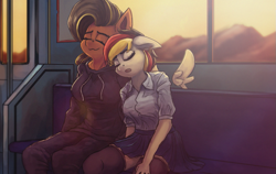 Size: 1037x656 | Tagged: safe, artist:ryanmandraws, oc, oc:anja snow, anthro, anthro oc, clothes, female, highlights, hoodie, skirt, sleepy, sunset, train, wholesome