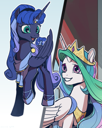 Size: 2574x3230 | Tagged: safe, artist:shiqiuzhu, princess celestia, princess luna, alicorn, pony, g4, idw, reflections, spoiler:comic, artemis luna, colored, duo, duo female, female, gradient background, high res, mare, mirror universe, smiling, surprised