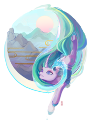 Size: 1791x2420 | Tagged: safe, mistmane, unicorn, clothes, colored, female, looking up, mare, mountain, simple background, solo, white background