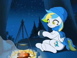 Size: 560x420 | Tagged: safe, artist:hauntedtuba, oc, oc only, pegasus, pony, animated, campfire, cap, clothes, drink, drinking, female, hat, hoof hold, loop, mare, mug, night, no sound, pot, scarf, shooting star, sitting, solo, stars, underhoof, webm