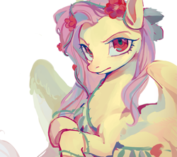 Size: 1791x1596 | Tagged: safe, artist:湮浊湮于浊, fluttershy, pegasus, pony, angry, female, flower, long mane, looking at you, mare, solo, wings