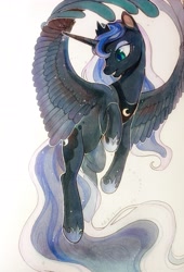 Size: 2749x4037 | Tagged: safe, artist:湮浊湮于浊, princess luna, alicorn, pony, female, flying, grin, looking down, mare, smiling, solo, spread wings, traditional art, wings