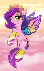 Size: 2275x3660 | Tagged: safe, artist:confetticakez, pipp petals, pegasus, pony, g5, butterfly wings, female, floral head wreath, flower, looking at you, mare, smiling, smiling at you, solo, toy interpretation, wings