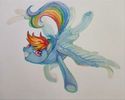 Size: 4055x3260 | Tagged: safe, artist:湮浊湮于浊, rainbow dash, pegasus, pony, flying, grin, looking at you, marker, smiling, solo, spread wings, traditional art, wings