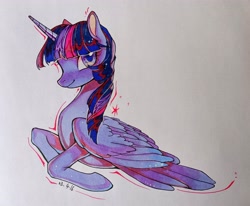Size: 3928x3235 | Tagged: safe, artist:湮浊湮于浊, twilight sparkle, alicorn, pony, colored, female, looking at you, mare, marker, smiling, solo, traditional art, wings